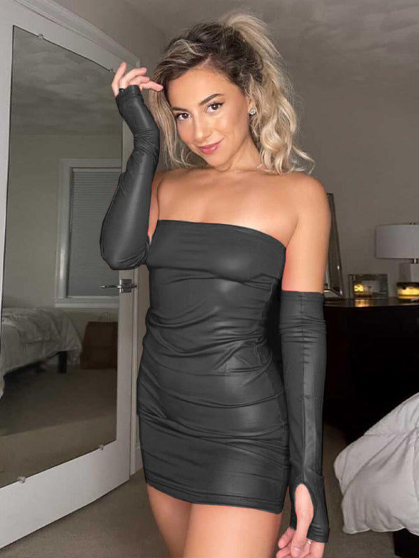 Mini Dresses- Night Out Faux Leather Strapless Mini Dress and Gloves Combo- - Pekosa Women Clothing