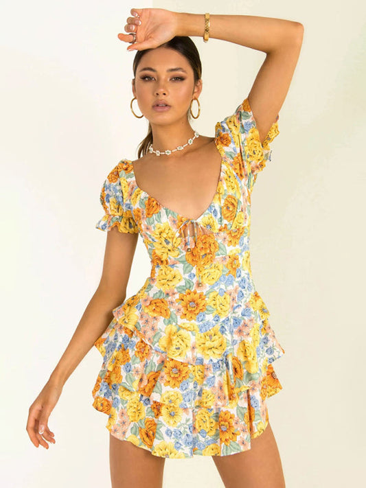 Mini Dresses- Playful and Chic: Women's V Neck Layered Mini Dress - Be Unforgettable- Yellow- Pekosa Women Clothing