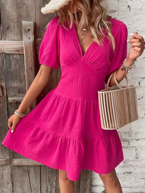 Mini Dresses- Plunging Neck Puff Sleeve Dress: Casual, Textured, Tiered Ruffle Hem- Rose- Pekosa Women Clothing