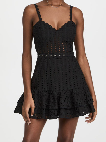 Mini Dresses- Romantic Eyelet Sweetheart Backless Mini Dress: Vintage Charm- Black- Pekosa Women Clothing