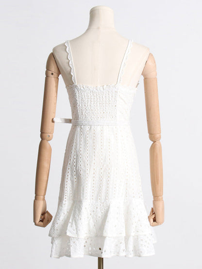 Mini Dresses- Romantic Eyelet Sweetheart Backless Mini Dress: Vintage Charm- - Pekosa Women Clothing