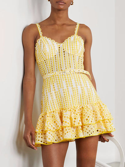 Mini Dresses- Romantic Eyelet Sweetheart Backless Mini Dress: Vintage Charm- Yellow- Pekosa Women Clothing