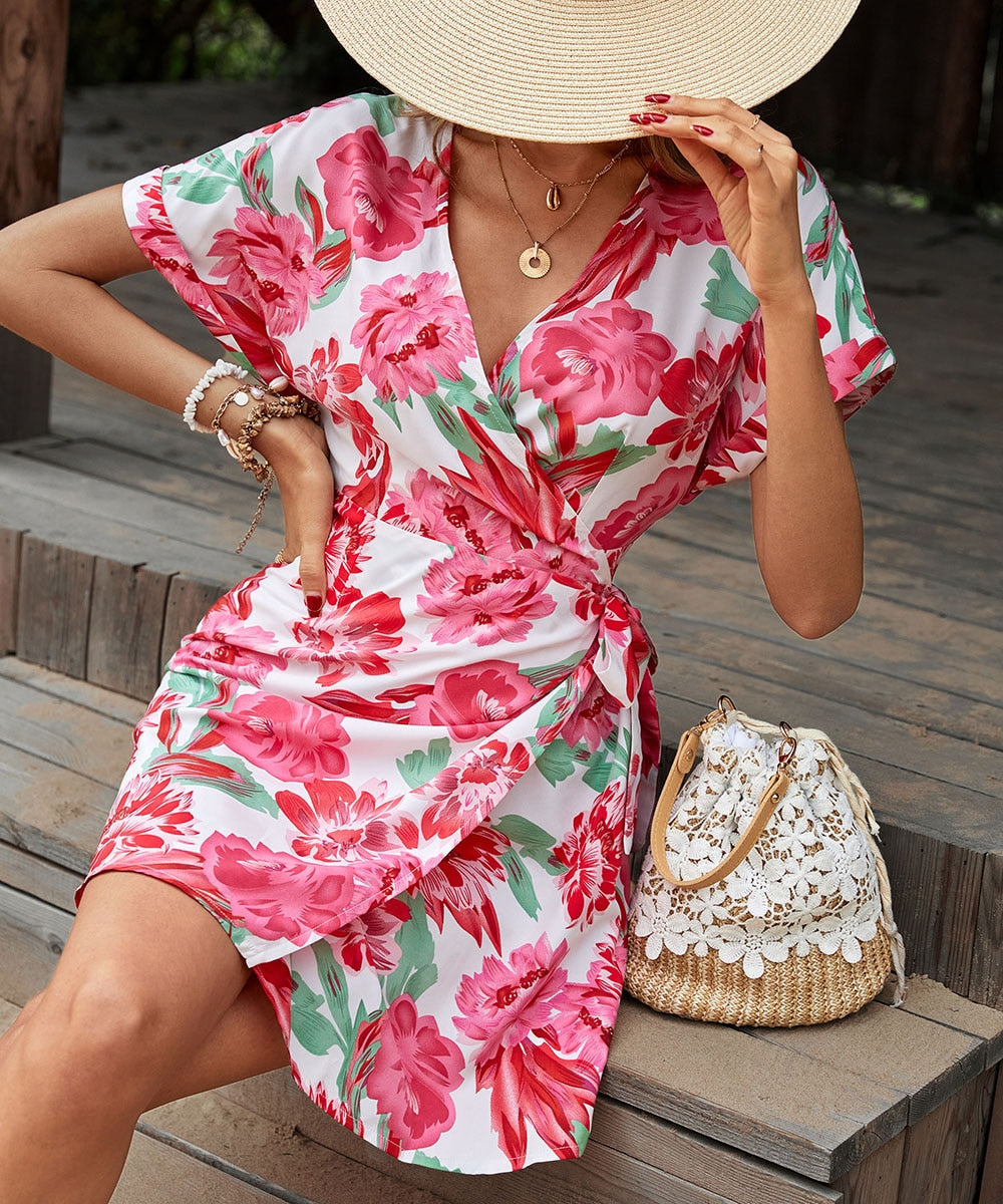 Mini Dresses- Romantic Floral Sweetheart Neck Wrap Mini Dress - Belted Robe Dress- - Pekosa Women Clothing