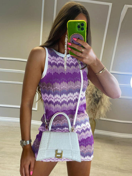 Mini Dresses- Sensual Crochet Knitted Tank Pencil Mini Dress- Purple- Pekosa Women Clothing