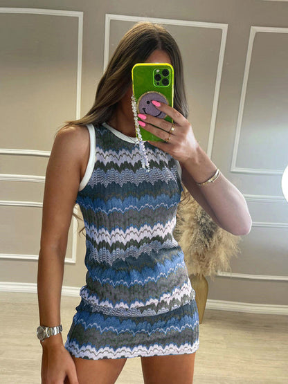 Mini Dresses- Sensual Crochet Knitted Tank Pencil Mini Dress- Blue- Pekosa Women Clothing