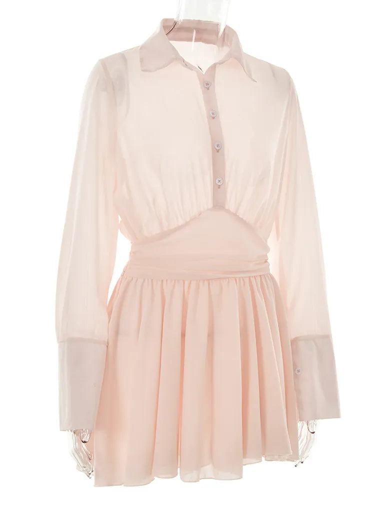 Mini Dresses- Sheer Mini Shirt Dress: See-Through & Flowy Skirt- - Pekosa Women Clothing