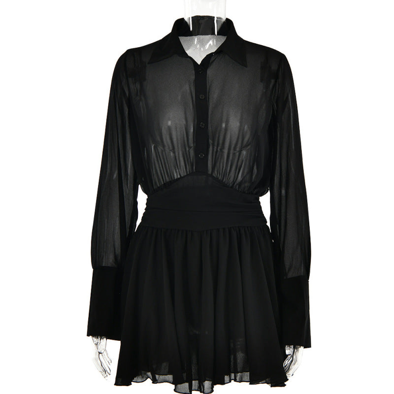 Mini Dresses- Sheer Mini Shirt Dress: See-Through & Flowy Skirt- Black- Pekosa Women Clothing