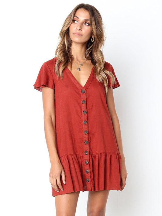 Mini Dresses- Solid Buttoned Pleated Flowy Mini Dress- Red- Pekosa Women Clothing