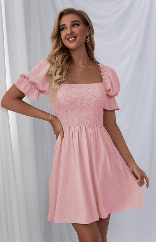 Mini Dresses- Solid Square Neck Smocked Bodice Ruffle Mini Dress- Pink- Pekosa Women Clothing