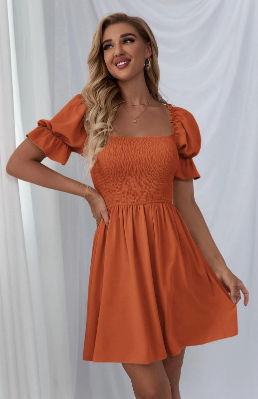 Mini Dresses- Solid Square Neck Smocked Bodice Ruffle Mini Dress- Orange- Pekosa Women Clothing