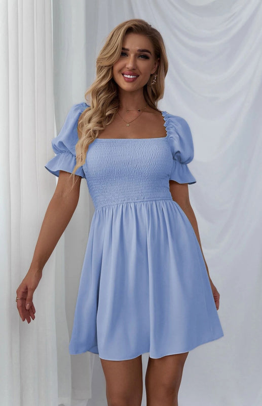 Mini Dresses- Solid Square Neck Smocked Bodice Ruffle Mini Dress- Mist blue- Pekosa Women Clothing