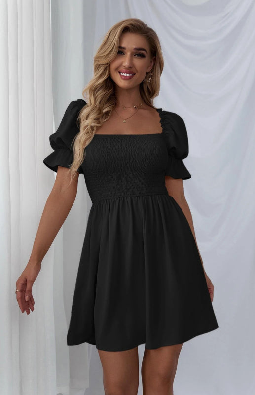 Mini Dresses- Solid Square Neck Smocked Bodice Ruffle Mini Dress- Black- Pekosa Women Clothing