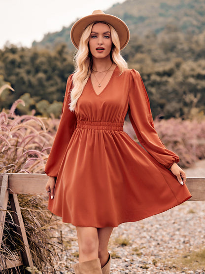 Mini Dresses- Solid V-Neck Lantern Sleeve Smocked Waist Mini Dress- Orange- Pekosa Women Clothing