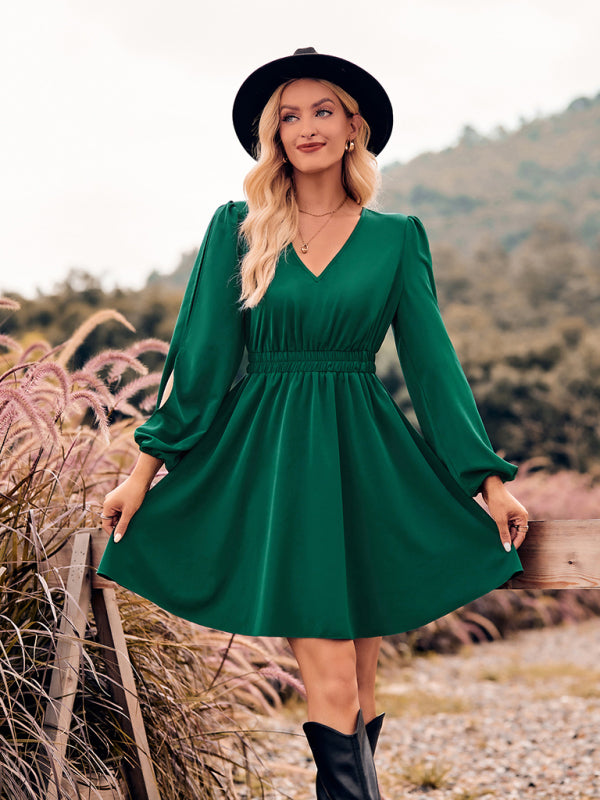 Mini Dresses- Solid V-Neck Lantern Sleeve Smocked Waist Mini Dress- - Pekosa Women Clothing