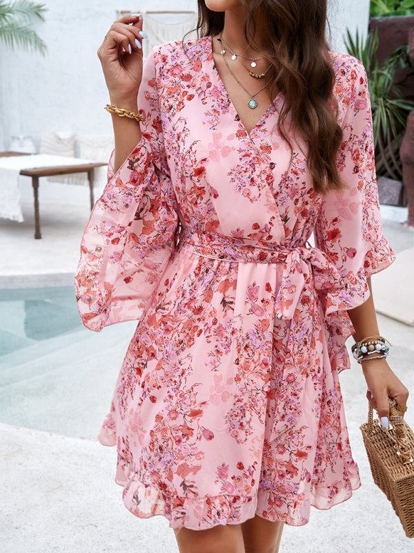 Mini Dresses- Springtime Surplice V-Neck Floral Dress with Flared Sleeves- - Pekosa Women Fashion