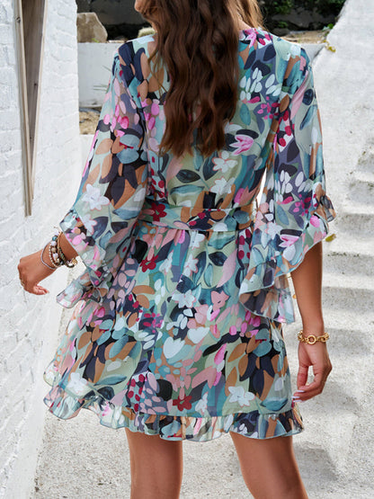 Mini Dresses- Springtime Surplice V-Neck Floral Dress with Flared Sleeves- - Pekosa Women Fashion