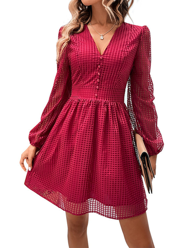 Mini Dresses- Square Mesh Lantern Sleeve V-Neck Swing Mini Dress- - Pekosa Women Clothing