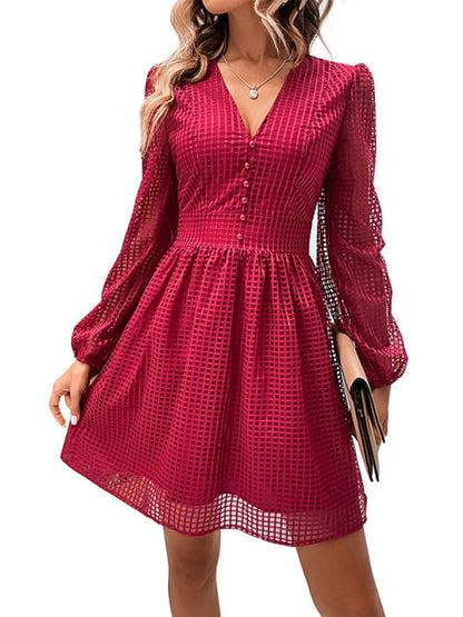 Mini Dresses- Square Mesh Lantern Sleeve V-Neck Swing Mini Dress- - Pekosa Women Clothing