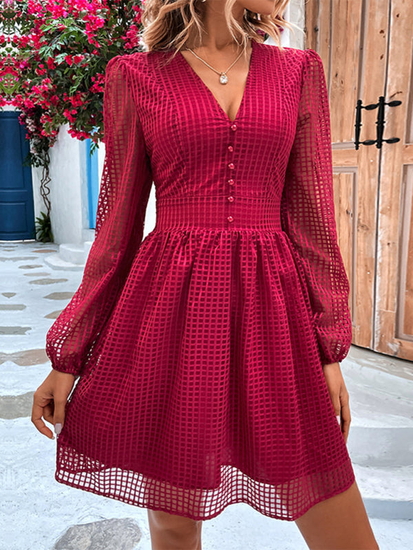 Mini Dresses- Square Mesh Lantern Sleeve V-Neck Swing Mini Dress- Wine Red- Pekosa Women Clothing