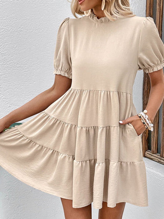 Mini Dresses- Stand Collar Mini Dress: Tiered Ruffles, Convenient Pockets Side- Beige- Pekosa Women Clothing