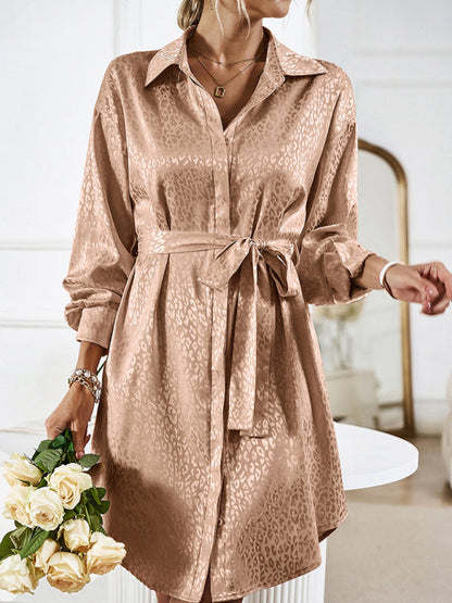 Mini Dresses- Stand out with our Elegant Satin Leopard Shirt Mini Dress- Brown- Pekosa Women Clothing