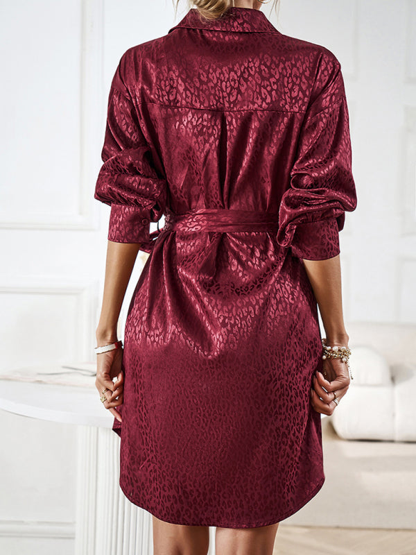 Mini Dresses- Stand out with our Elegant Satin Leopard Shirt Mini Dress- - Pekosa Women Clothing