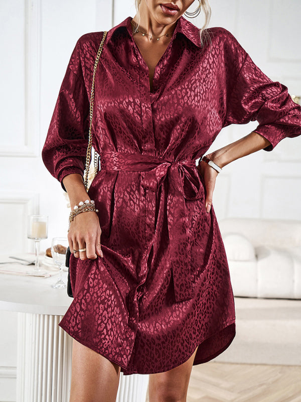 Mini Dresses- Stand out with our Elegant Satin Leopard Shirt Mini Dress- - Pekosa Women Clothing