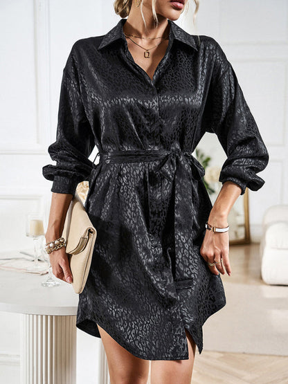 Mini Dresses- Stand out with our Elegant Satin Leopard Shirt Mini Dress- - Pekosa Women Clothing