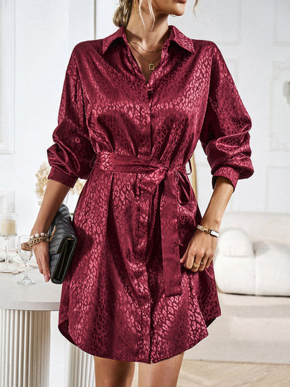 Mini Dresses- Stand out with our Elegant Satin Leopard Shirt Mini Dress- Wine Red- Pekosa Women Clothing