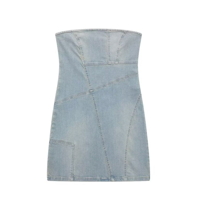 Mini Dresses- Strapless Patchwork Washed Denim Tube Dress- - Pekosa Women Clothing