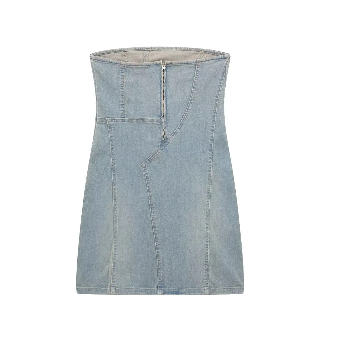 Mini Dresses- Strapless Patchwork Washed Denim Tube Dress- - Pekosa Women Clothing