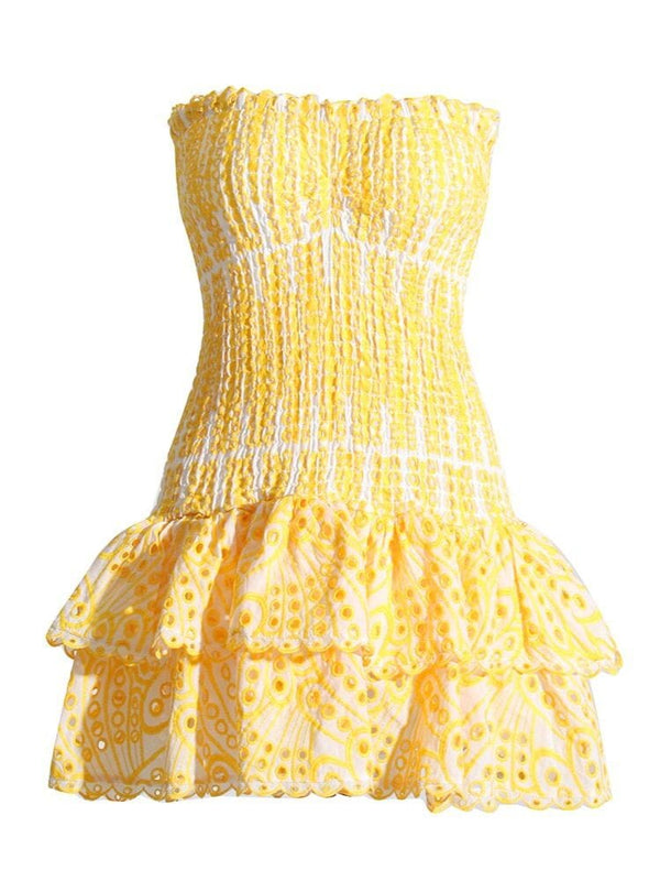 Mini Dresses- Summer Strapless Eyelet Dress | Smocked Waist Ruffle Mini Dress- - Pekosa Women Clothing