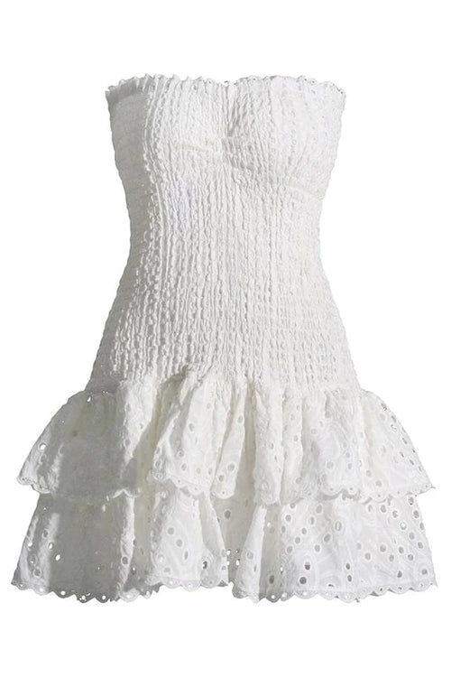 Mini Dresses- Summer Strapless Eyelet Dress | Smocked Waist Ruffle Mini Dress- - Pekosa Women Clothing