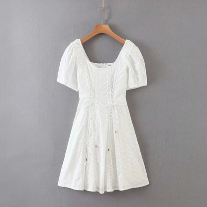 Mini Dresses- Sweetheart Neck Mini Dress: Bohemian Elegance with Eyelet Sleeves- - Pekosa Women Clothing