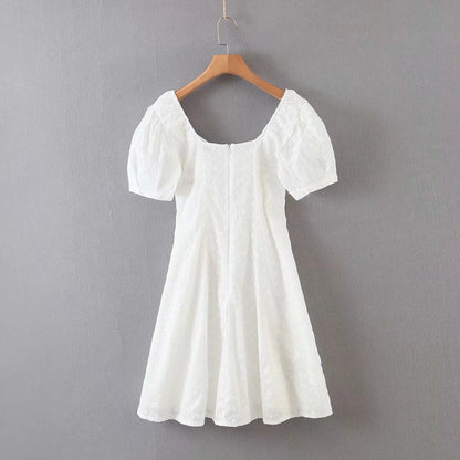 Mini Dresses- Sweetheart Neck Mini Dress: Bohemian Elegance with Eyelet Sleeves- - Pekosa Women Clothing