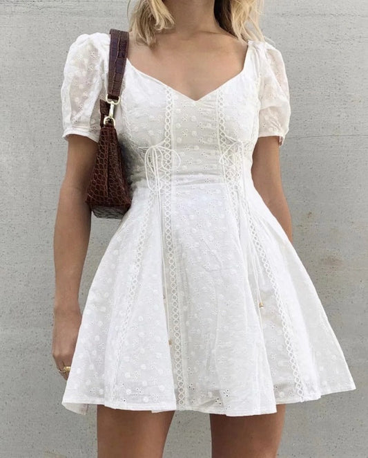 Mini Dresses- Sweetheart Neck Mini Dress: Bohemian Elegance with Eyelet Sleeves- White- Pekosa Women Clothing