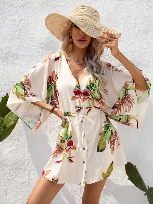 Mini Dresses- Tropical Print Adjustable Mini Dress with Batwing Sleeves- - Pekosa Women Clothing