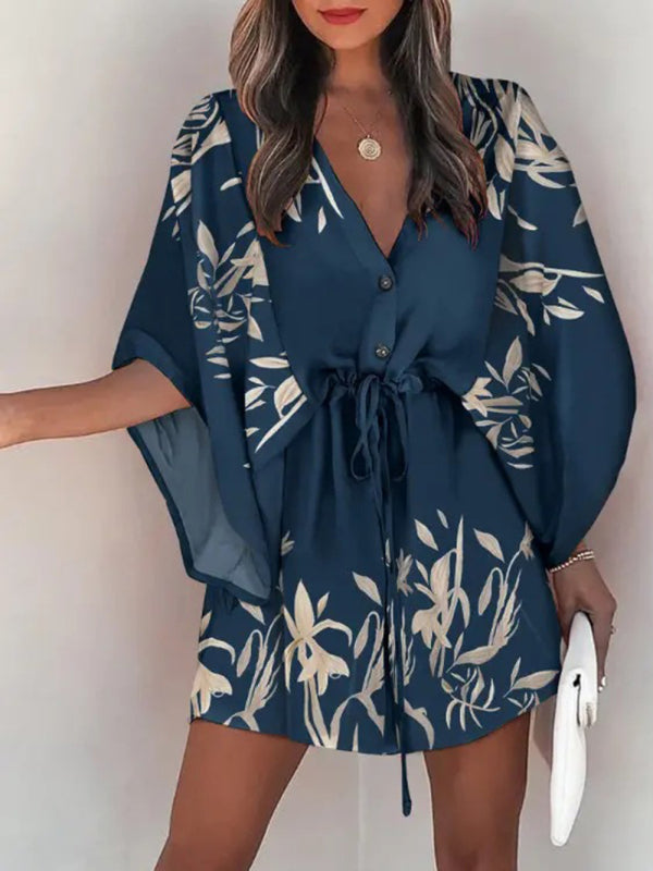 Mini Dresses- Tropical Print Adjustable Mini Dress with Batwing Sleeves- Purplish blue navy- Pekosa Women Clothing