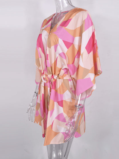 Mini Dresses- Tropical Print Adjustable Mini Dress with Batwing Sleeves- - Pekosa Women Clothing