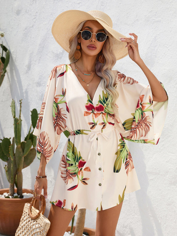 Mini Dresses- Tropical Print Adjustable Mini Dress with Batwing Sleeves- - Pekosa Women Clothing