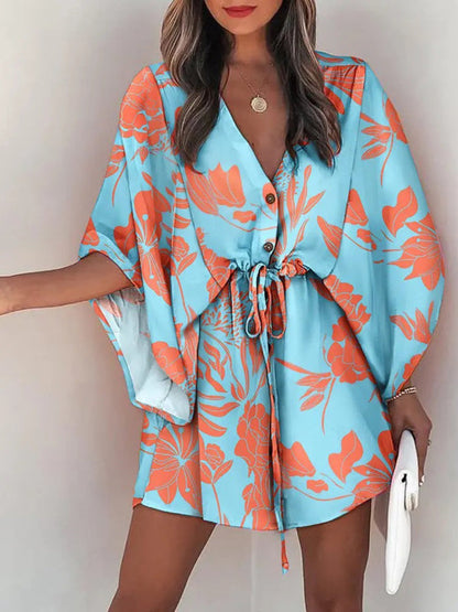 Mini Dresses- Tropical Print Adjustable Mini Dress with Batwing Sleeves- Clear blue- Pekosa Women Clothing