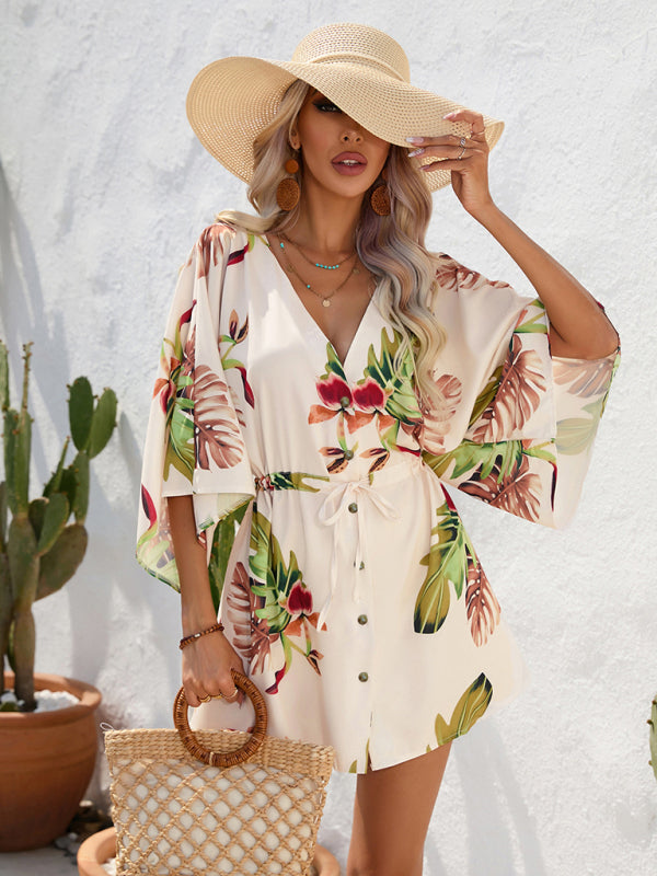 Mini Dresses- Tropical Print Adjustable Mini Dress with Batwing Sleeves- - Pekosa Women Clothing