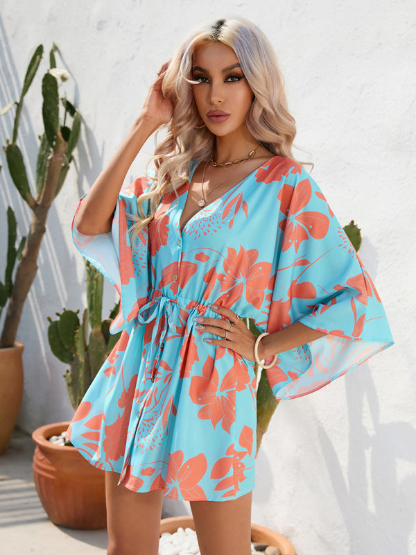 Mini Dresses- Tropical Print Adjustable Mini Dress with Batwing Sleeves- - Pekosa Women Clothing