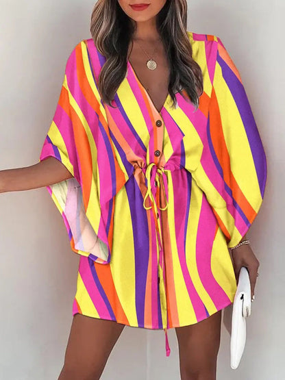 Mini Dresses- Tropical Print Adjustable Mini Dress with Batwing Sleeves- Rose- Pekosa Women Clothing