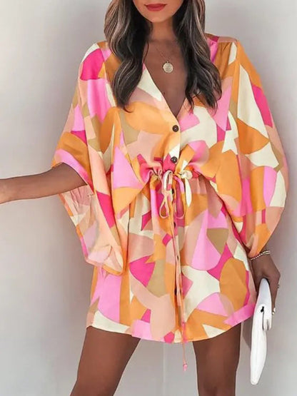 Mini Dresses- Tropical Print Adjustable Mini Dress with Batwing Sleeves- - Pekosa Women Clothing