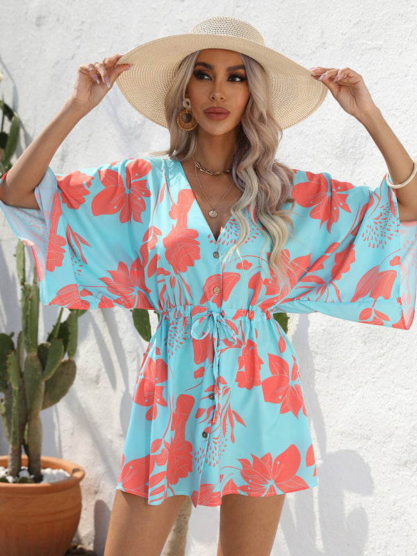 Mini Dresses- Tropical Print Adjustable Mini Dress with Batwing Sleeves- - Pekosa Women Clothing