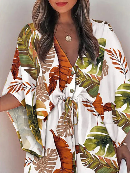 Mini Dresses- Tropical Print Adjustable Mini Dress with Batwing Sleeves- - Pekosa Women Clothing