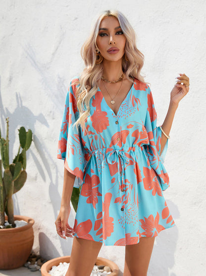 Mini Dresses- Tropical Print Adjustable Mini Dress with Batwing Sleeves- - Pekosa Women Clothing