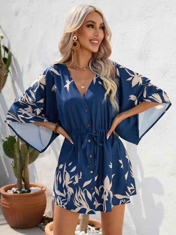 Mini Dresses- Tropical Print Adjustable Mini Dress with Batwing Sleeves- - Pekosa Women Clothing