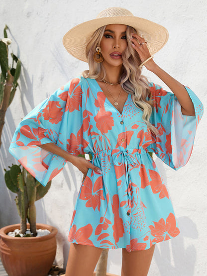 Mini Dresses- Tropical Print Adjustable Mini Dress with Batwing Sleeves- - Pekosa Women Clothing